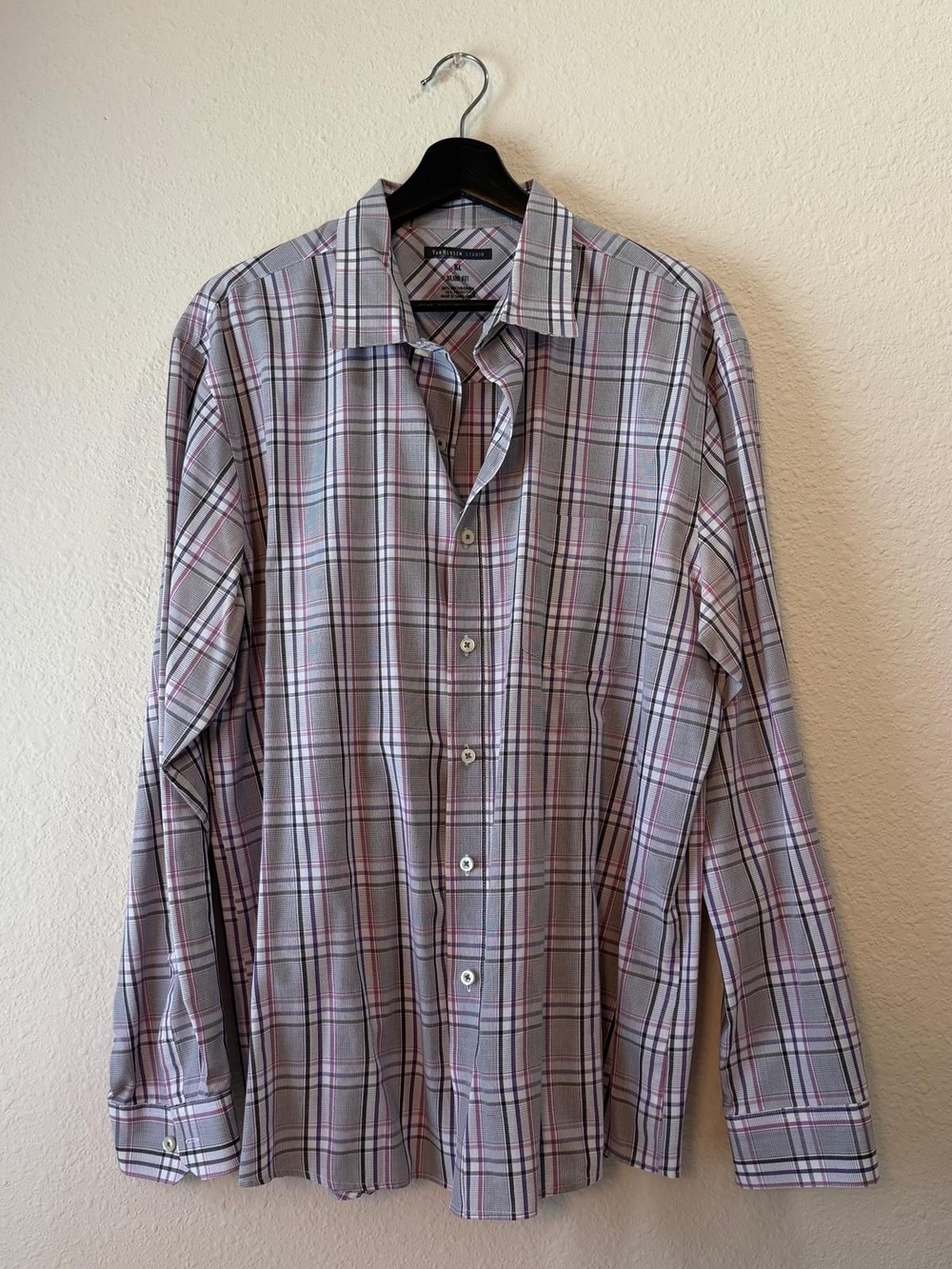 Van Heusen Men's Plaid Button-Down Shirt - White with Pink & Black Plaid